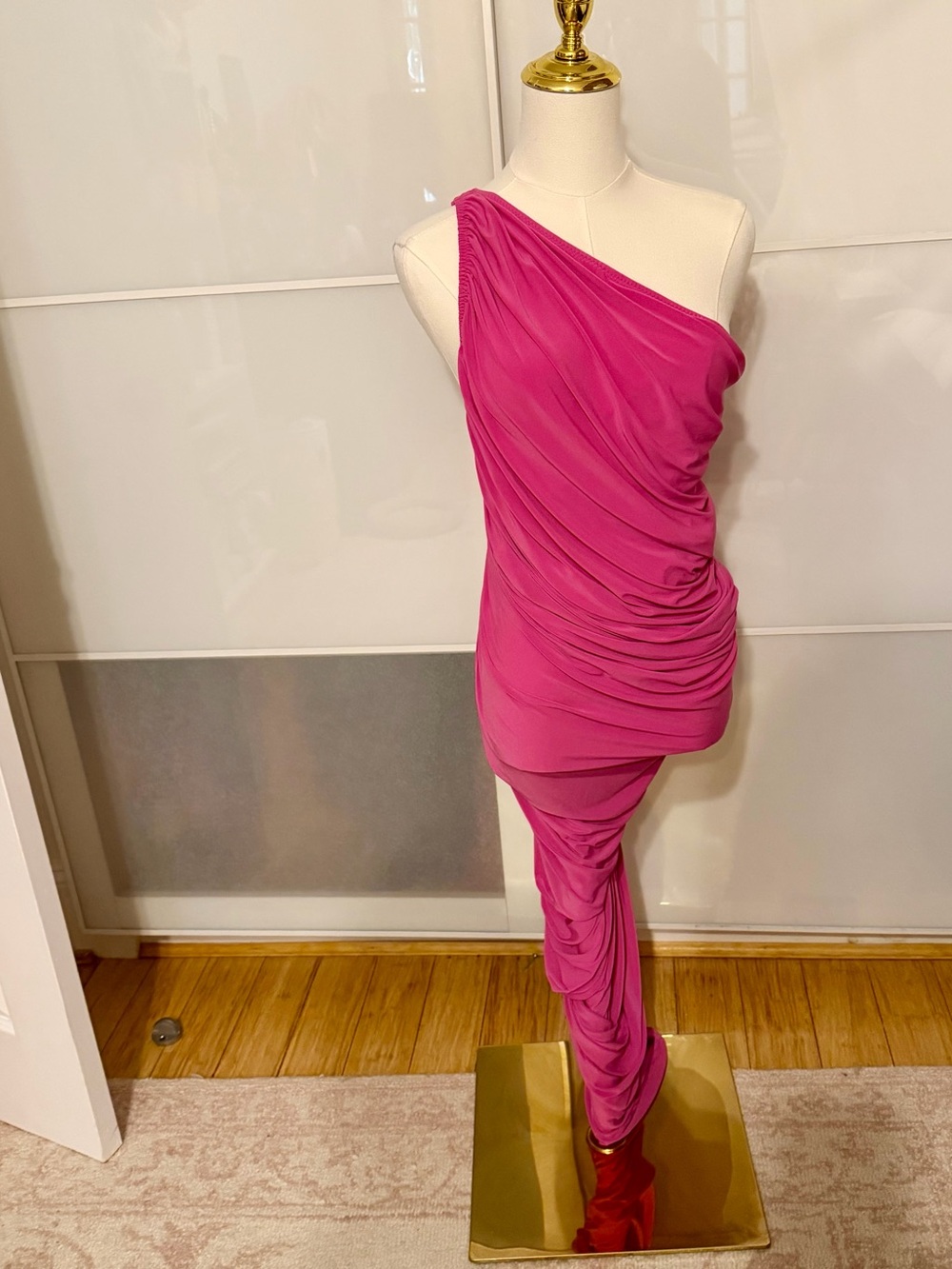 Norma Kamali One-Shoulder Hot Pink Ruched Gown